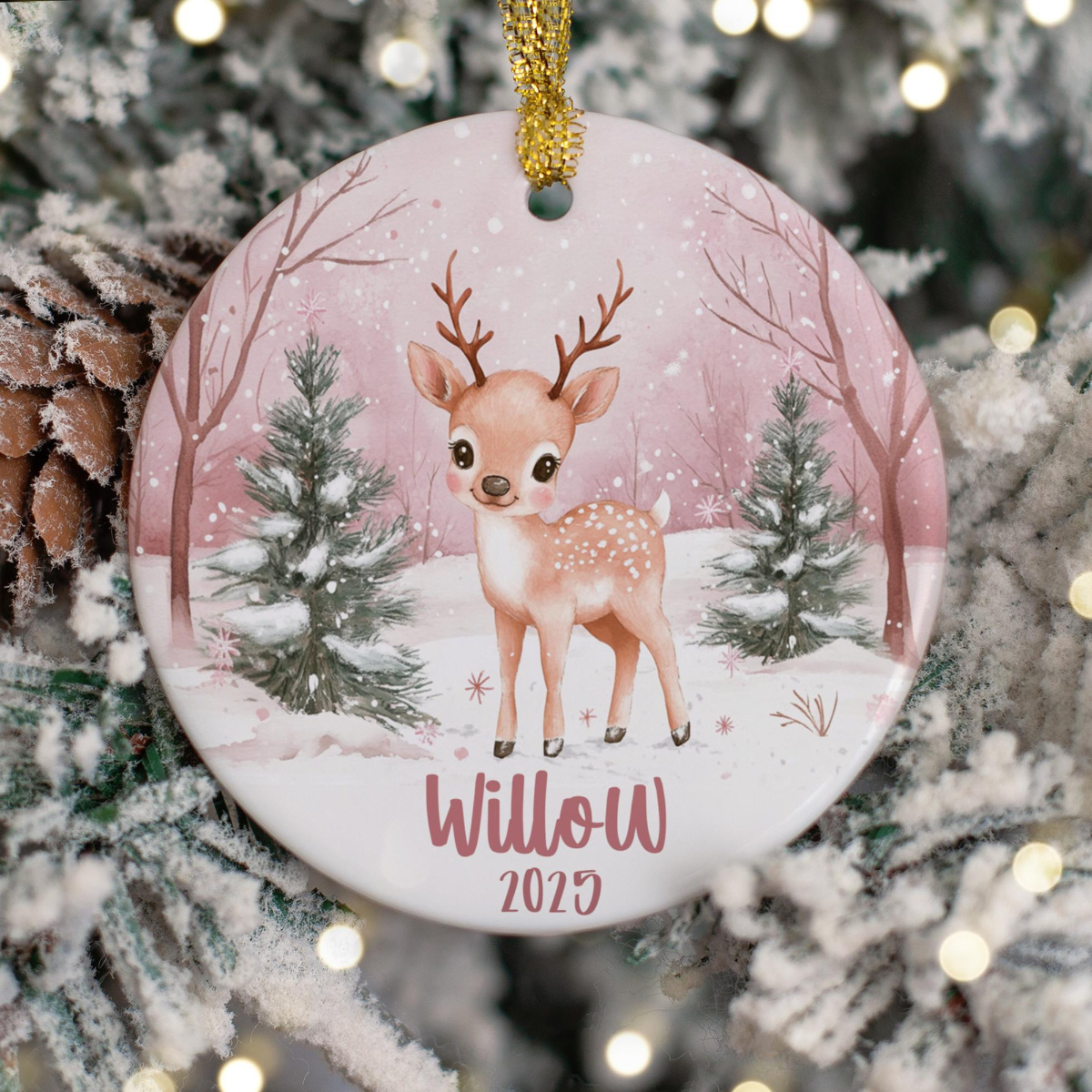 Personalized Pink Name Ornament, Custom Pastel Reindeer, Christmas Gift Ornament 2025, Pink Reindeer, Cute Keepsake Gift for Girls