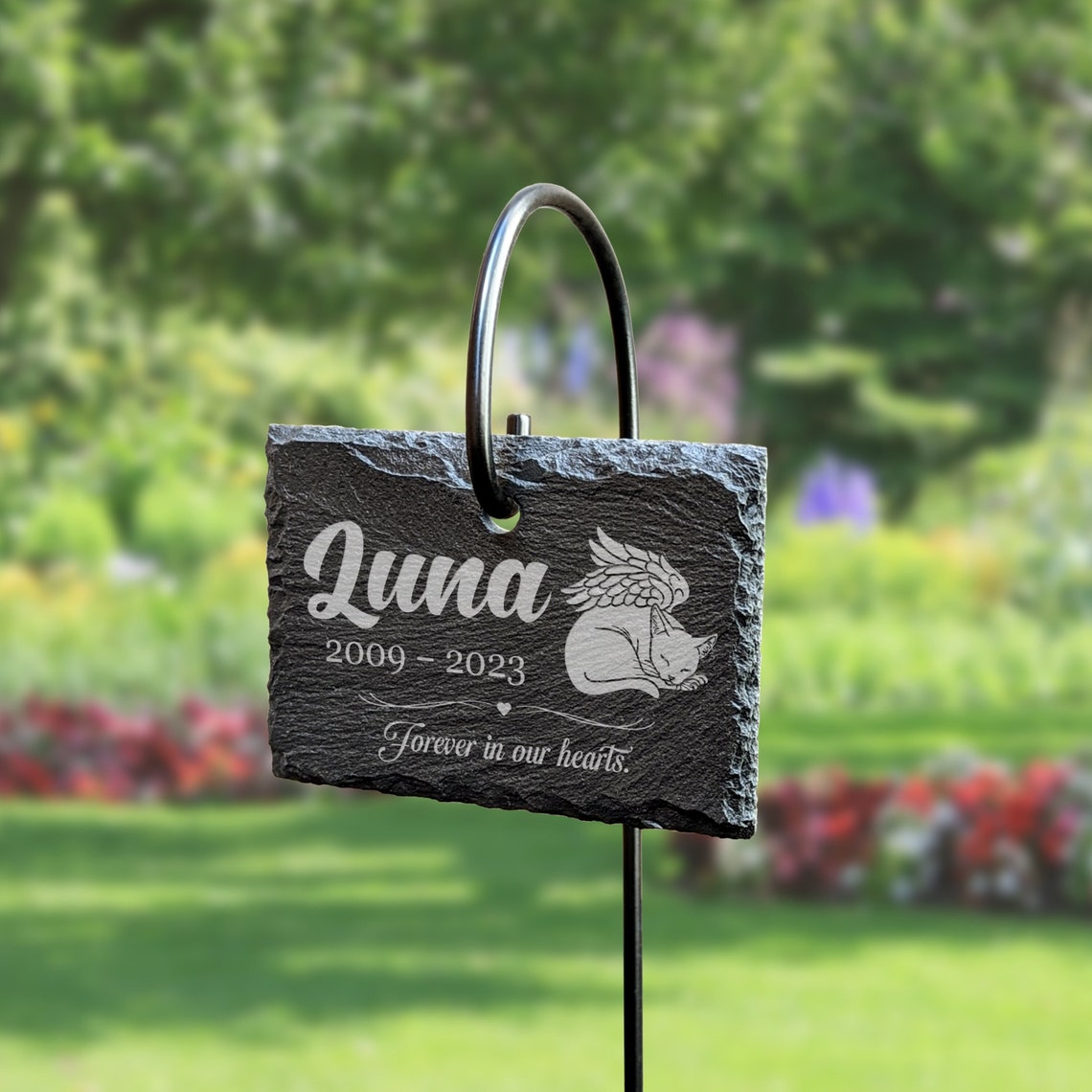 Custom Tall Hanging Cat Memorial Plaque, Slate Sign and Stainless Steel Stake Marker