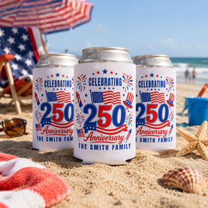 Personalized America 250th Anniversary Can Cooler Favor, Patriotic Family BBQ Drink Holder, Custom 4th of July Slim & Regular Can Sleeve