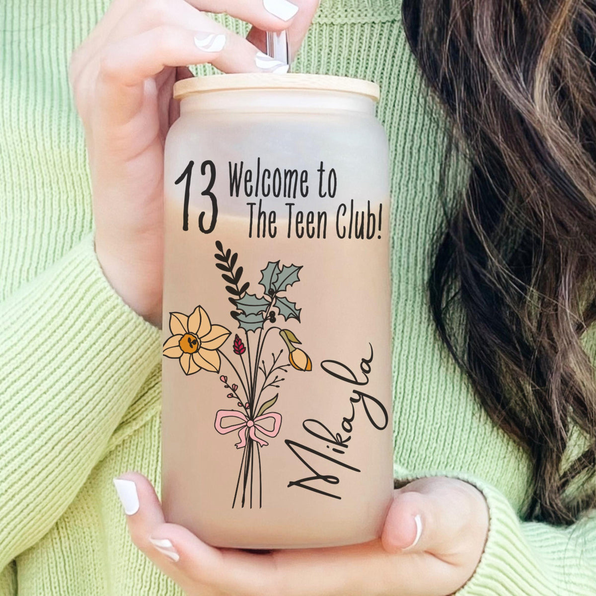 13th Birthday Glass Tumbler, Turning 13 Gift With Birthflower Glass Tumbler, 13 Year Old Gift Iced Coffee Cup, Thirteenth Birthday Glass With Flower
