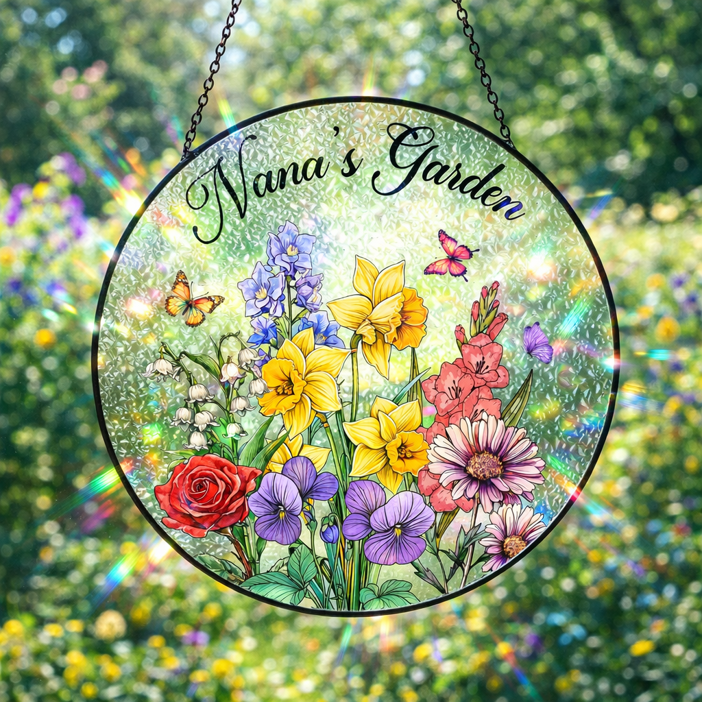 Custom Family Birth Flowers Glass Suncatcher, Custom Mom's Garden Gift, Flower Glass Art, Birth Flower Gift For Nana, Mother's Day Gift For Mom