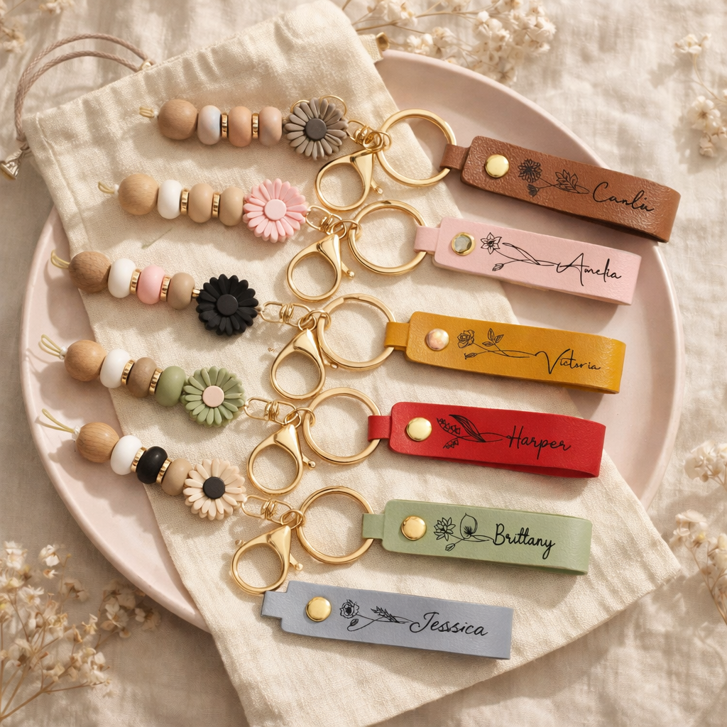 Personalized Birth Flower PU Leather Keychain with Engraved Name and Daisy Bead Pendant Wedding Party Birthday Gift for Bridesmaids Friends
