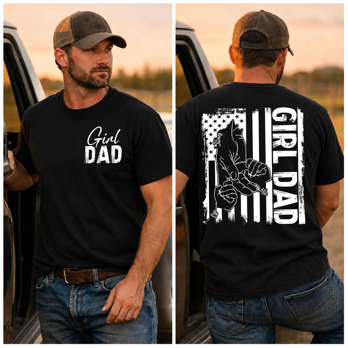 Girl Dad Shirt, Father Daughter Hold Hand Tee, Proud Dad Gift, Vintage American Flag T-Shirt