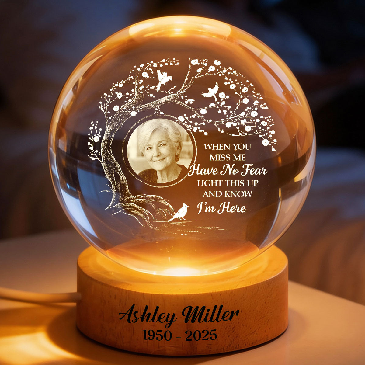 When You Miss Me Light This Up Engraved Text On Wooden Base - Personalized Crystal Ball LED Night Light - Heartfelt Memorial Remembrance Keepsake