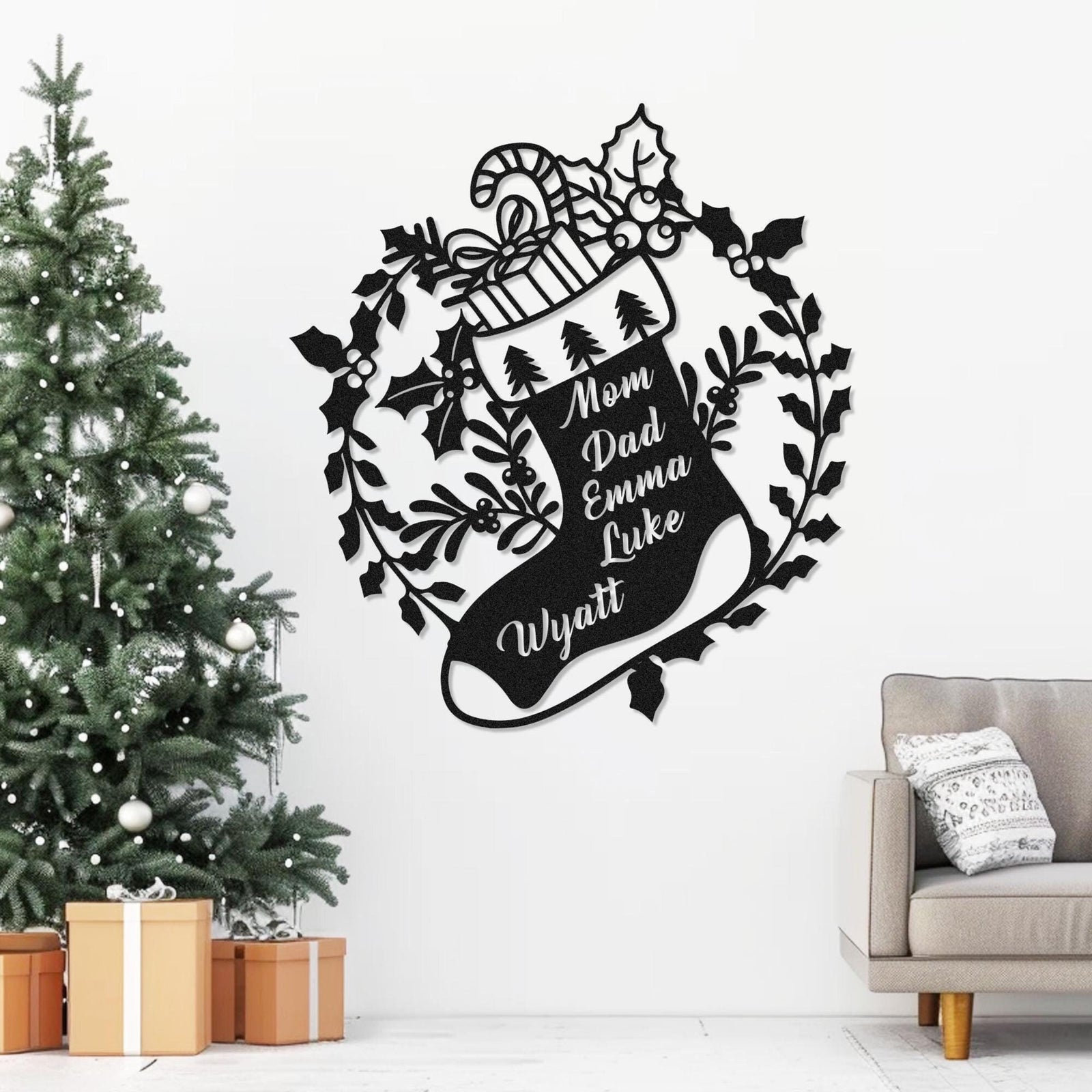 Personalized Christmas Stocking with Names Metal Wall Art, Metal Christmas Wall Decor, Custom Christmas Stockings Sign, Christmas Decoration