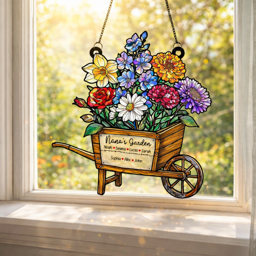Grandma's Wheelbarrows Birth Flower Suncatcher, Grandma's Garden, Mom Gift, Birth Month Flower Stained Glass Acrylic Window Hanging, Mothers Day Gift