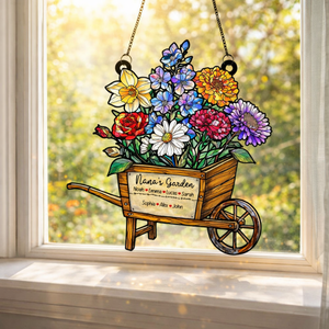 Grandma's Wheelbarrows Birth Flower Suncatcher, Grandma's Garden, Mom Gift, Birth Month Flower Stained Glass Acrylic Window Hanging, Mothers Day Gift
