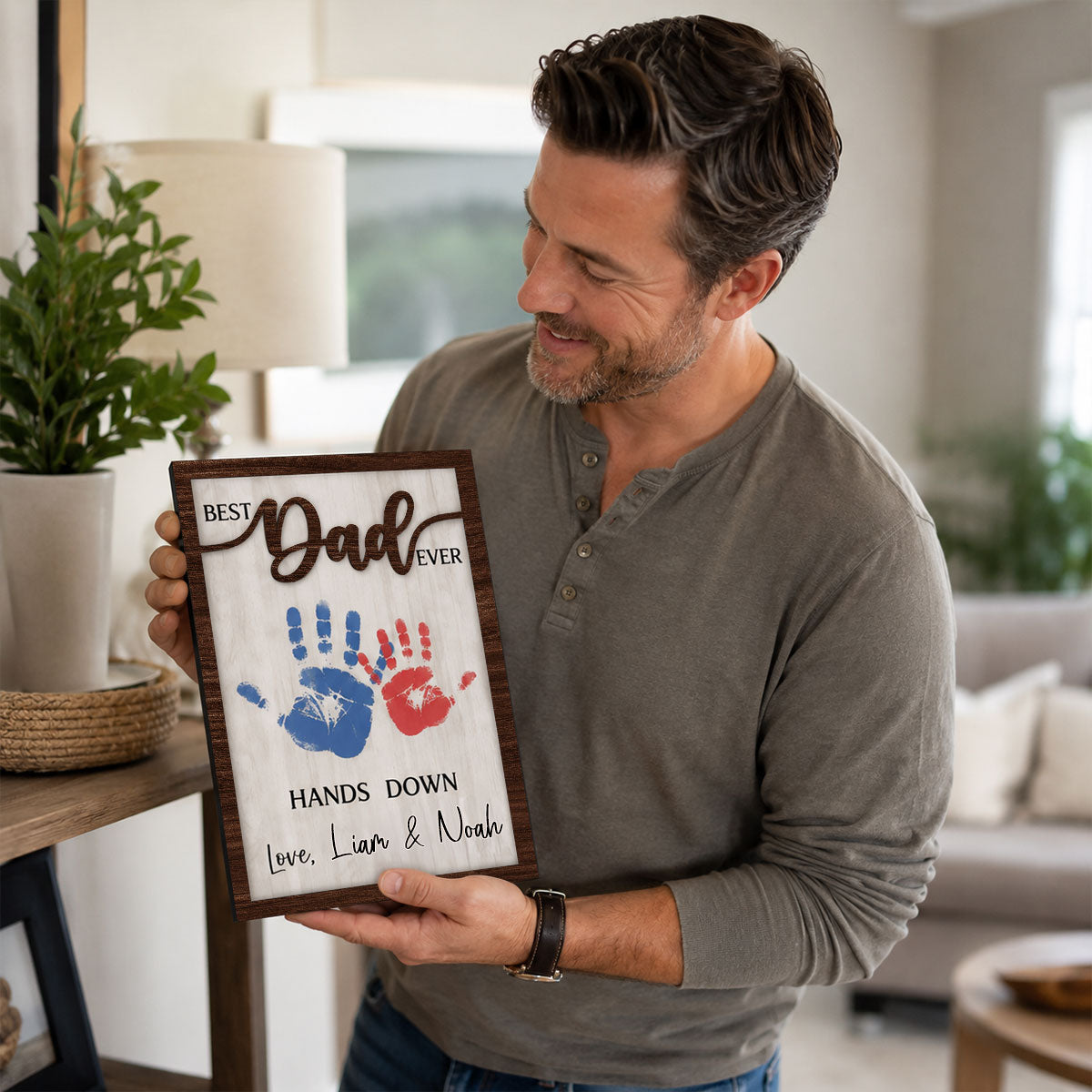 Handprint Sign Fathers Day 2026 Gift, Celebrate Dad with Handprints, Custom Engraved Wooden Sign