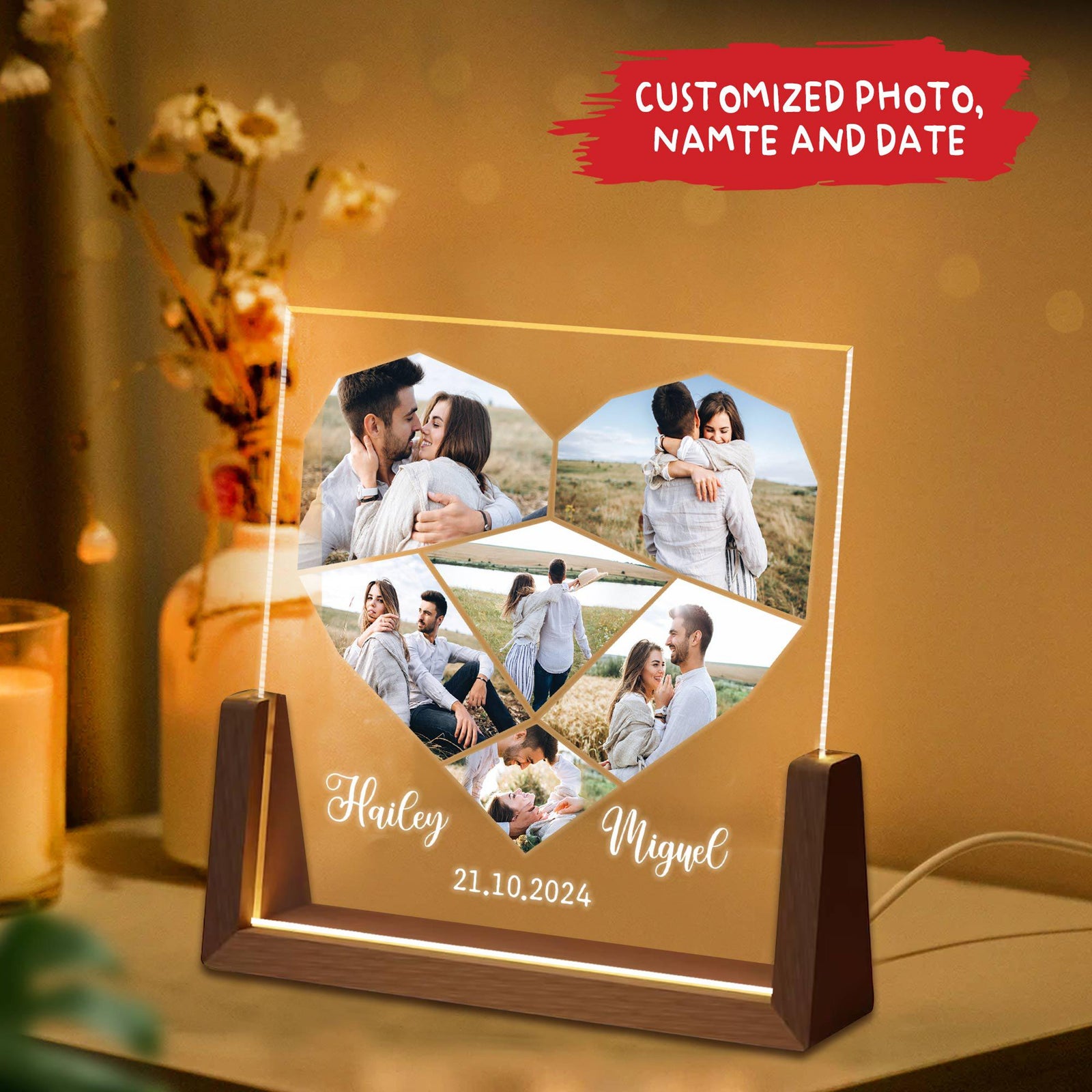 Custom Photo Heart Shape Valentine Night Light, Couple Photo Desk Name Plate, Anniversary Gift, Valentine Gift, Gift For Couple