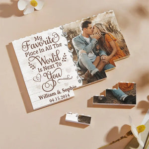 Custom Photo My Favorite Place In All The World Is Next To You - Personalized Building Block Puzzle - Anniversary Gift, Valentine's Day Gift For Couple