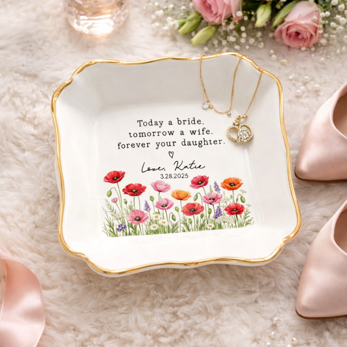 Personalized Mother of The Bride Jewelry Dish, Today a Bride Tomorrow a Wife, Ceramic Trinket Tray Gift for Daughter, Birthday Ring Dish
