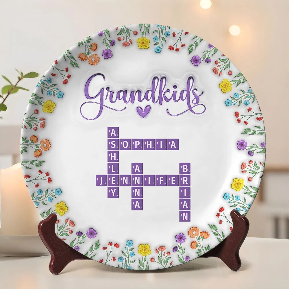 Grandkids Crossword - Personalized 3D Inflated Printed Effect Ceramic Plate - Gift For Grandma