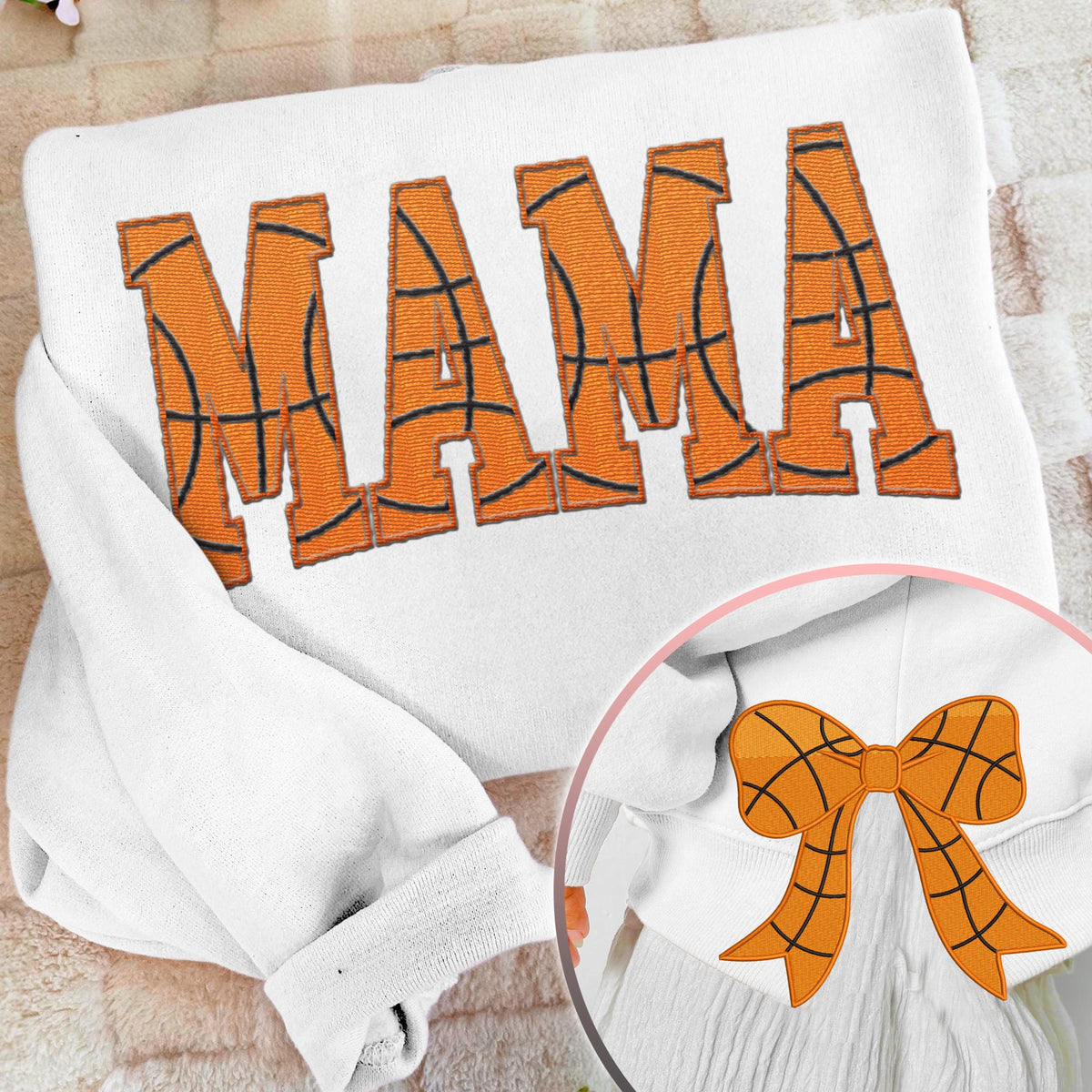 MAMA Basketball Coquette Side Bow Sweatshirt, Retro Trendy Coquete Lover Sweater, Bow Applique Pink Girl Gifts
