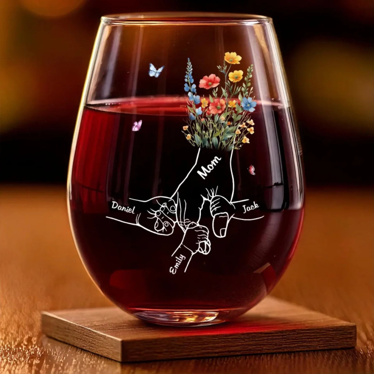 Mom's Flower Hand With Kids - Personalized Wine Glass - Gift For Mom, Mother's Day, Birthday Gift