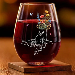 Mom's Flower Hand With Kids - Personalized Wine Glass - Gift For Mom, Mother's Day, Birthday Gift