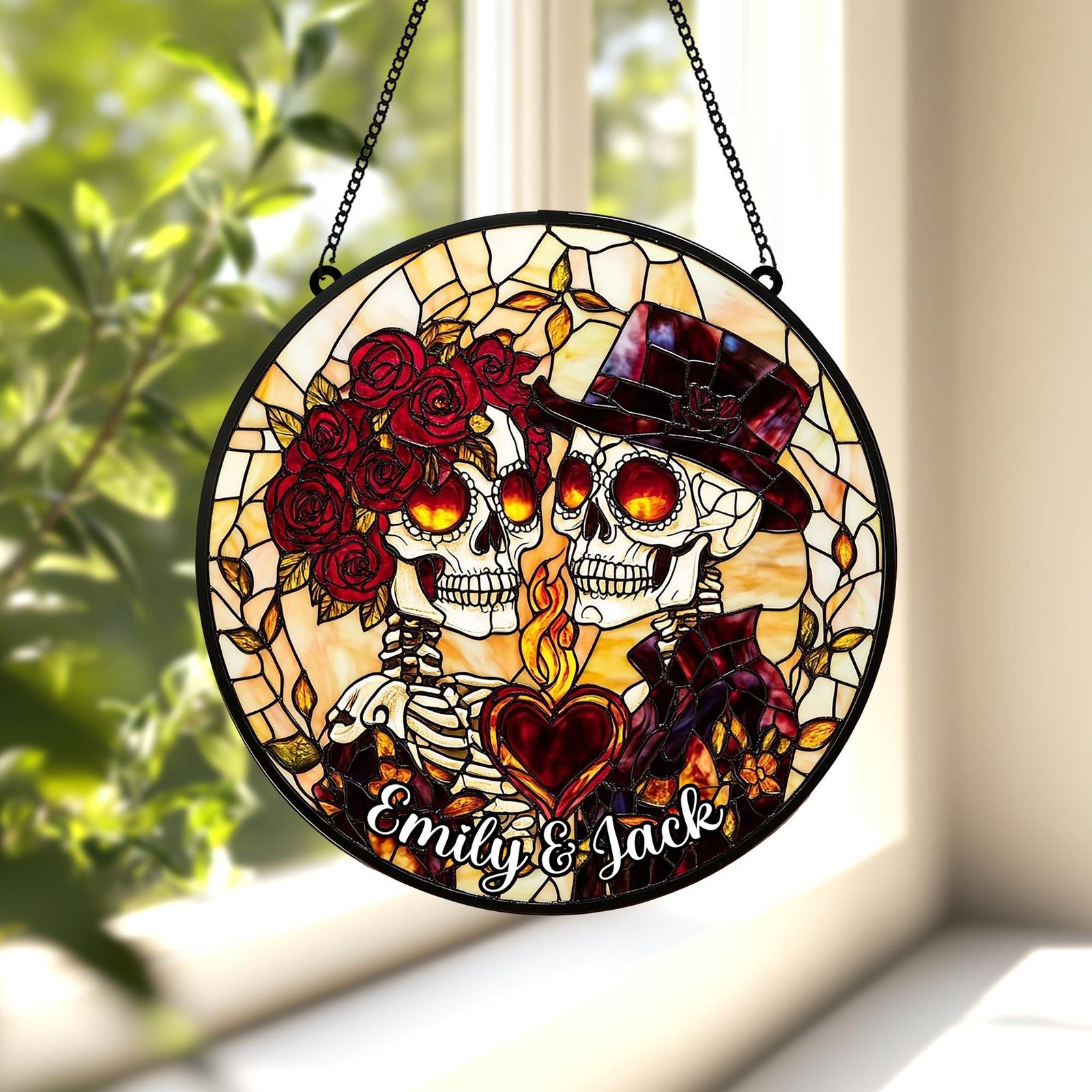 Custom Skeleton Couple Faux Stained Glass Suncatcher, Gothic Wedding Decor, Halloween Anniversary Gift for Spooky Couples, Wedding Gift