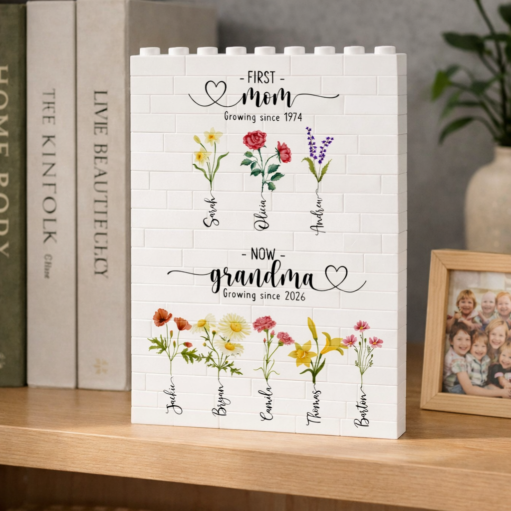 First Mom Now Grandma Building Block, Custom Birth Month Flower Building Block, Mother's Day Gifts, Grandma Gift With Kids Names, Mom's Gift