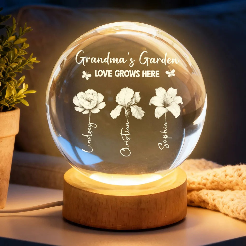 Grandma's Garden 3D Effect Birth Month Flowers - Personalized Crystal Ball LED Night Light - Gift For Mom, Grandma, Mother's Day Gift