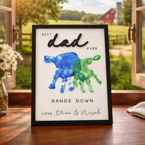 Hands Down Best Dad Ever, Personalized Engraved Wooden Sign, Celebrate Dad with Handprints and Custom Message, Handmade Fathers Day Gift