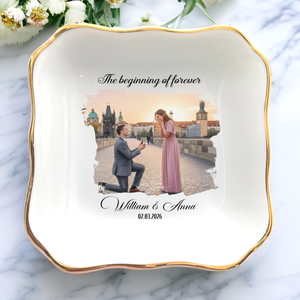 Personalized Proposal Photo Jewelry Dish - Custom Water Color Illustrated Engagement Keepsake Ring Tray with Names & Engaged Date