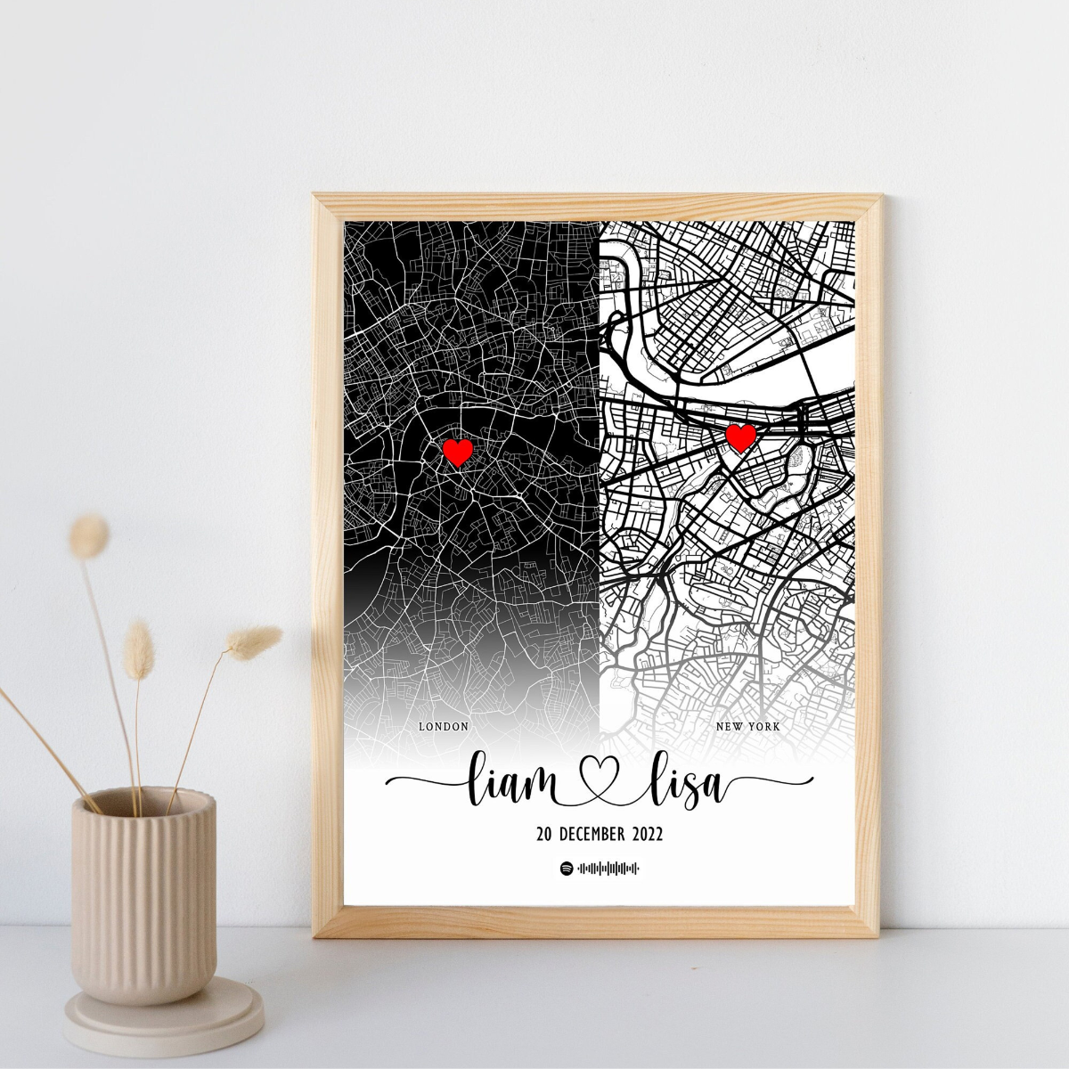 Personalised Map Print, Custom Couples Gift, Customised Travel Wall Art Any 2 Locations , Personalized Gift For Couple