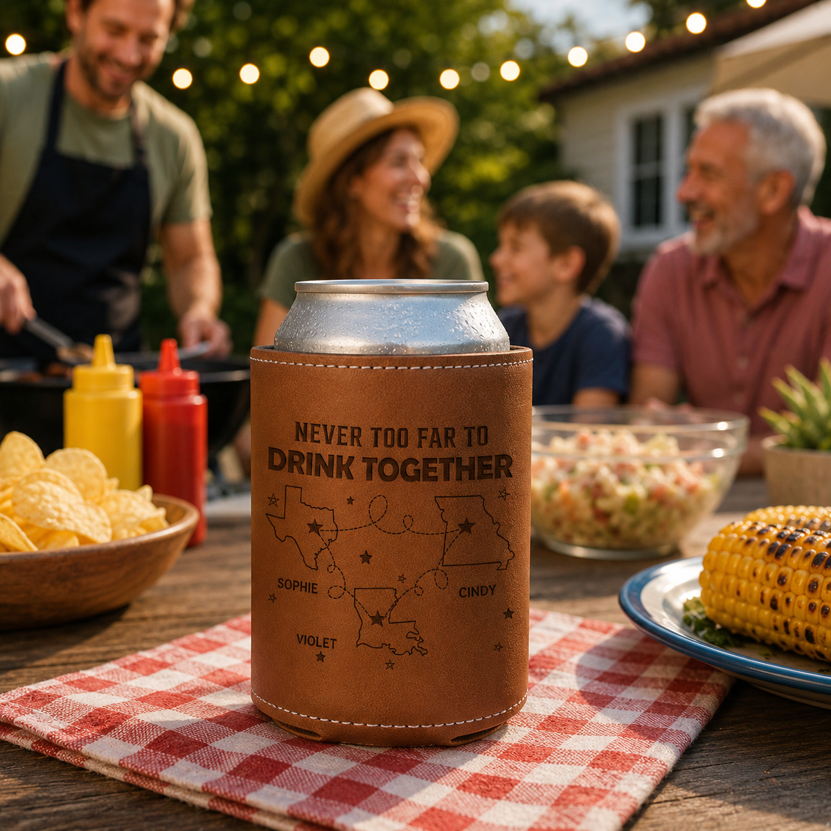 Never Too Far To Drink Together - Personalized Leather Can Cooler - Gift For Family