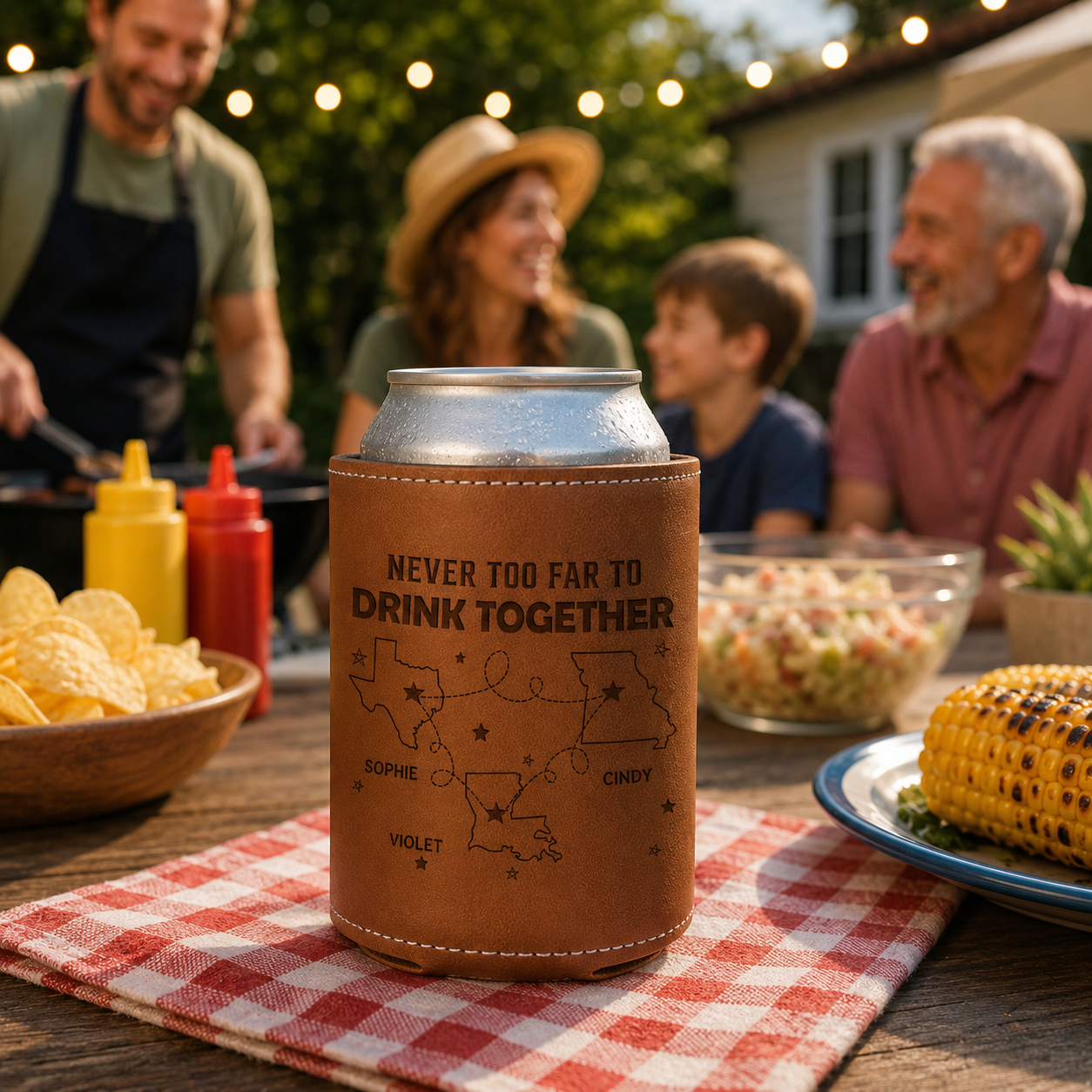 Never Too Far To Drink Together - Personalized Leather Can Cooler - Gift For Family