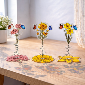 Personalized Birth Flower Spinning Standee, Custom Name Acrylic Standee, Mother's Day Gift, Birthday Gift for Her, Floral Plaque, Mom Gift