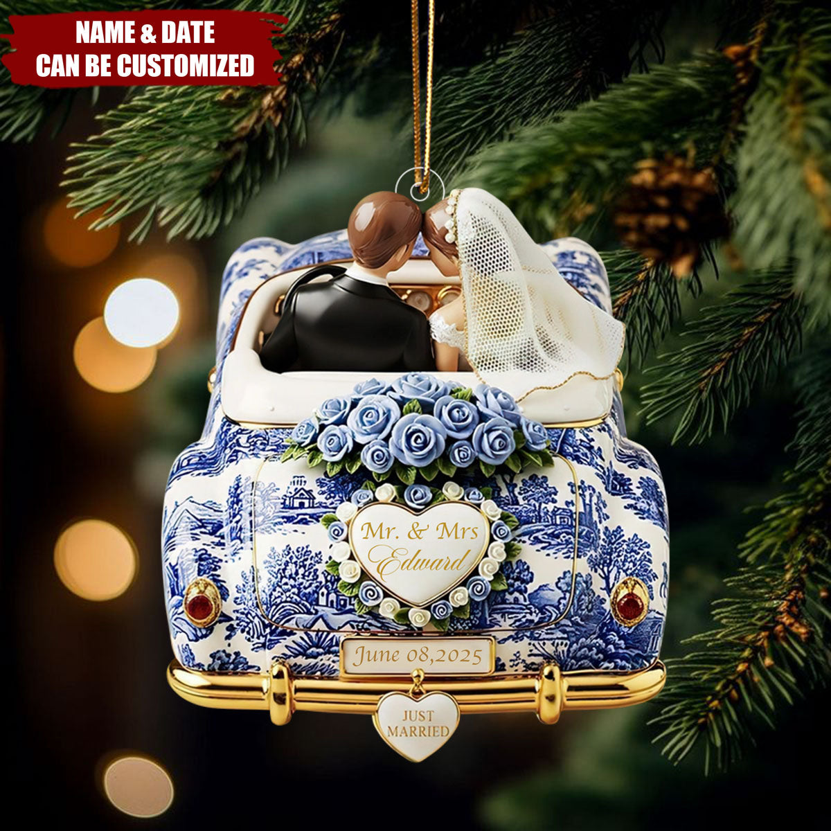 Just Married Toile de Jouy - Personalized Acrylic Ornament - Wedding Gifts For Couple