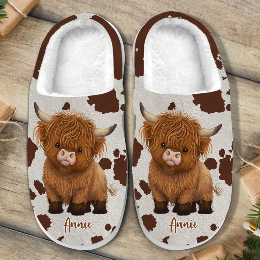 Love Highland Cows - Personalized Fleece Slippers - Christmas Gift For Cow Lovers