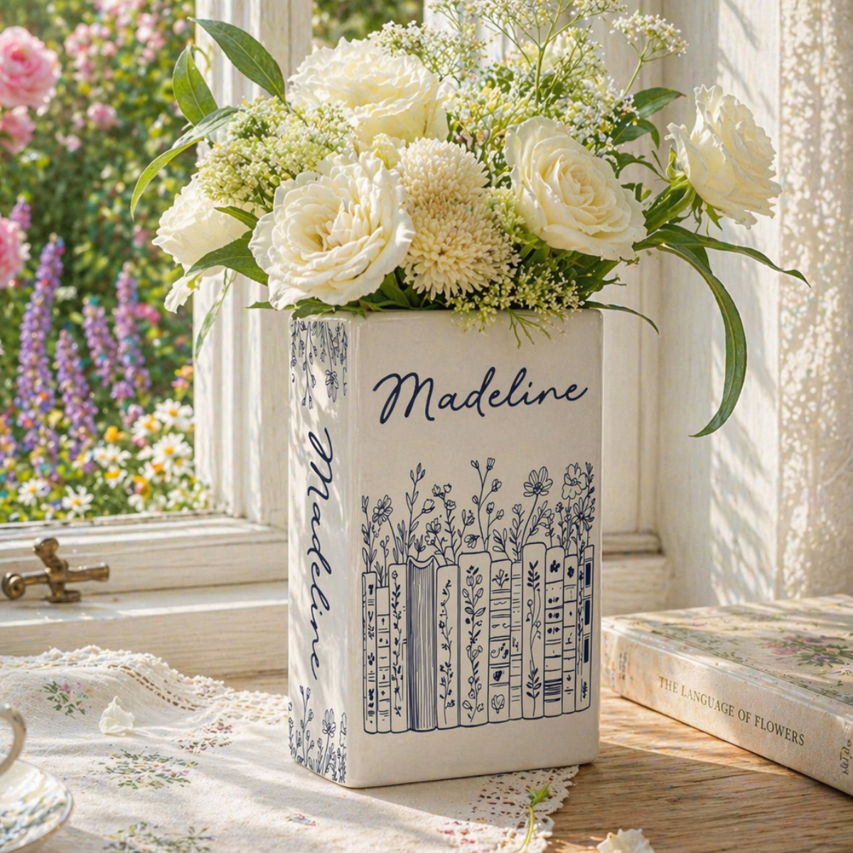 Ceramic Book Vase Customized, Floral Bookshelf Decor, Reading Room Flower Pot, Book Lover Gift, Ceramic Book Flower Vase, Toile De Jouy Vase