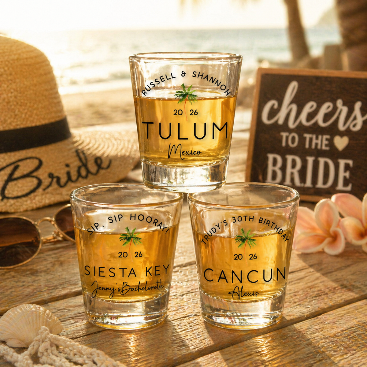 Custom Palm Tree Shot Glasses For Tropical Trip, Personalized Beach Bachelorette or Birthday Party Favors
