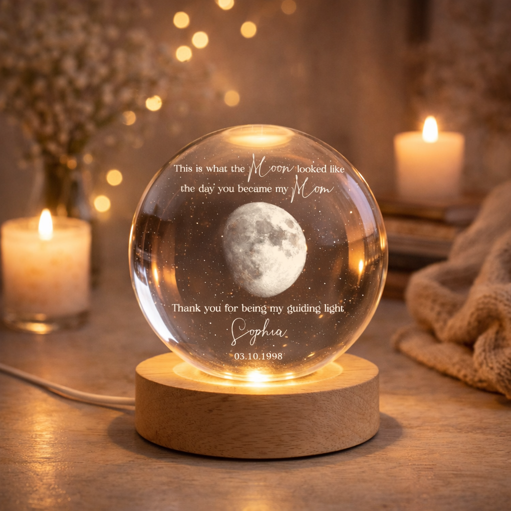Custom Moon Phase Crystal Ball LED Light, Moon Phase by Date, Gift for Mom from Daughter, Mother's Day Keepsake,The Day You Became My Mom