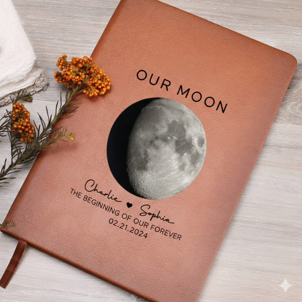 Our Moon Couple Moon Phase - Personalized Graphic Leather Journal - Anniversary Gift For Him Gift For Her