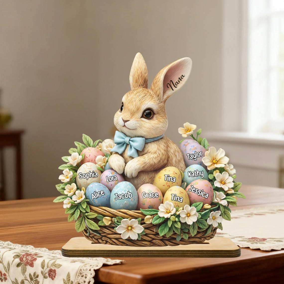 Custom Easter Bunny Wooden Plaque for Grandma, Personalized Egg Basket with Grandkids Names, Easter Gift for Family, Spring Easter Decor