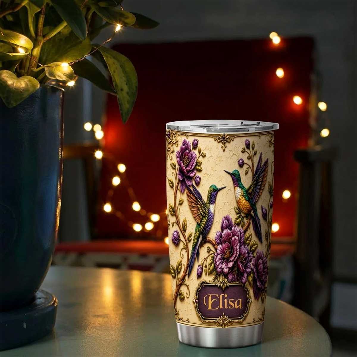 Elegant Purple Floral Hummingbird Insulated Tumbler