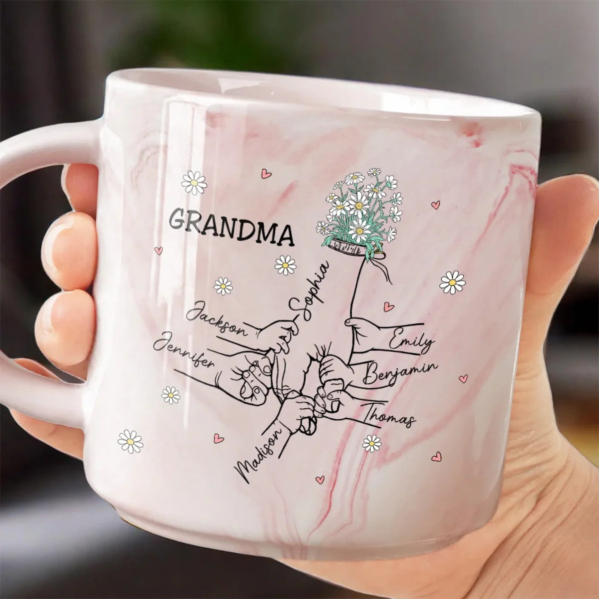 Mom And Kids Holding Hands - Personalized Marble Mug - Gift For Mom, Grandma, Mother's Day, Birthday Gift