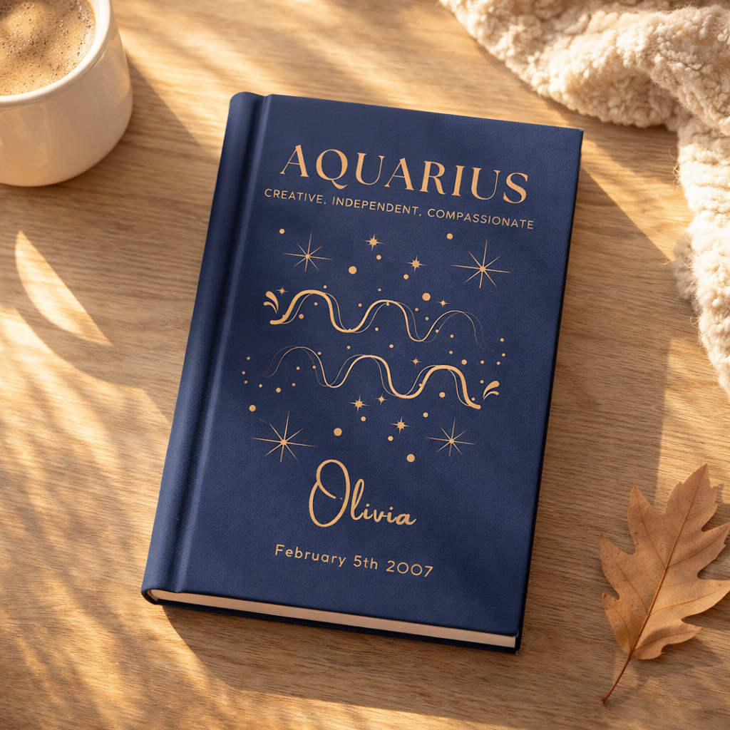 Aquarius Zodiac Journal-Personalized Name & Birthdate, Custom Astrology Notebook Gift for Her, Aquarius Birthday Gift Idea, Birthday Book