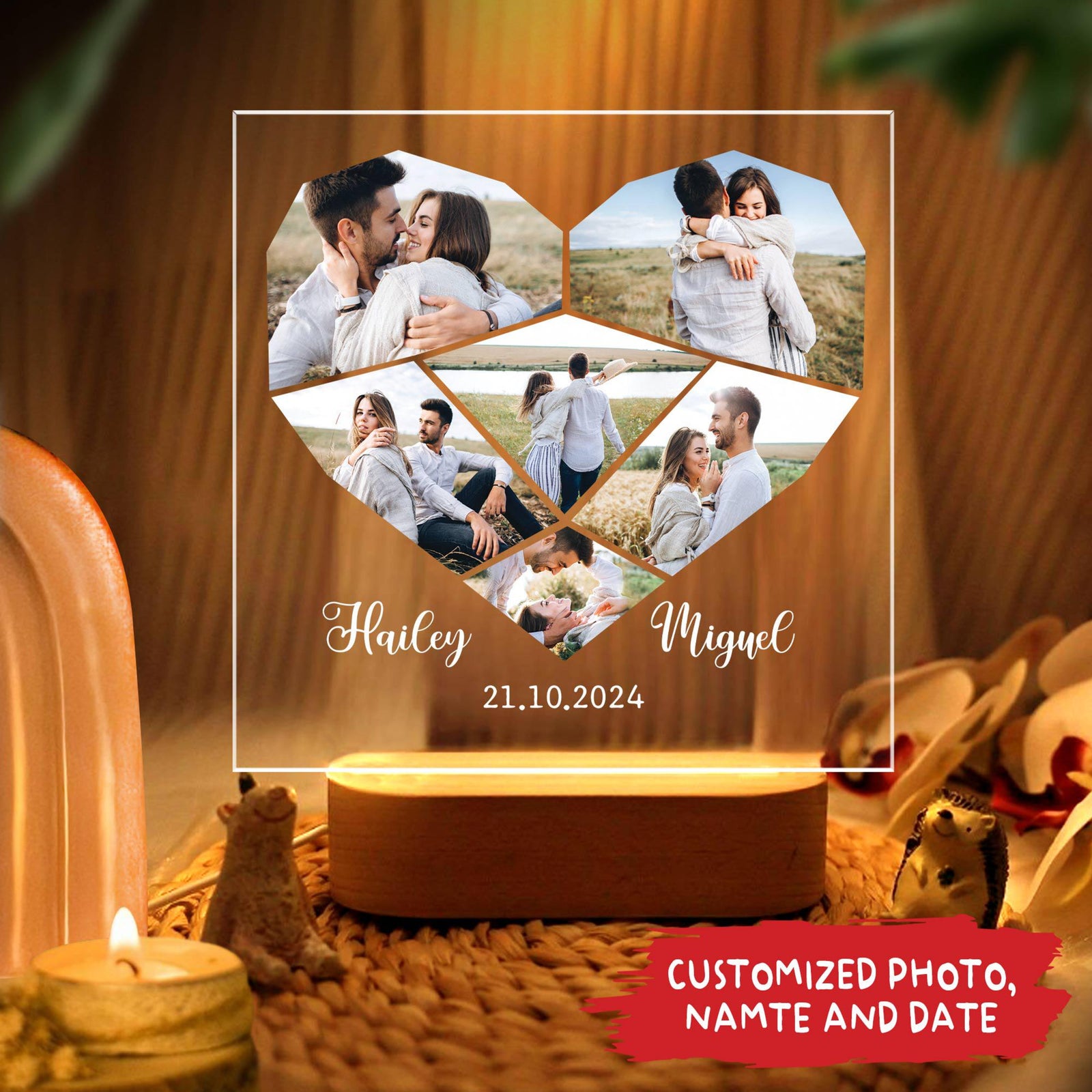 Custom Photo Heart Shape Valentine Night Light, Couple Photo 3D LED Light Wooden Base, Anniversary Gift, Valentine Gift, Gift For Couple