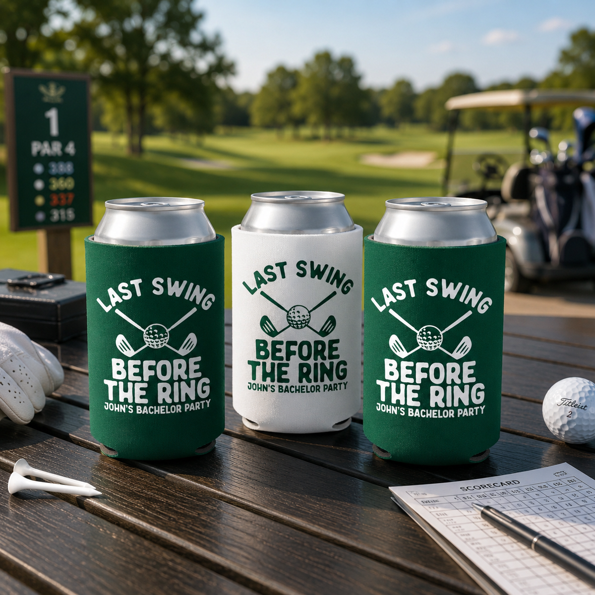 Last Swing Before The Ring Bachelor Can Coolers, Personalized Golf Can Sleeves, Custom Golf Bachelor Party Favors, Bach Can Holder