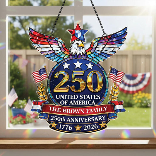 Personalized American Eagle Suncatcher, USA 250th Anniversary Decor, Custom Family Name Patriotic Art
