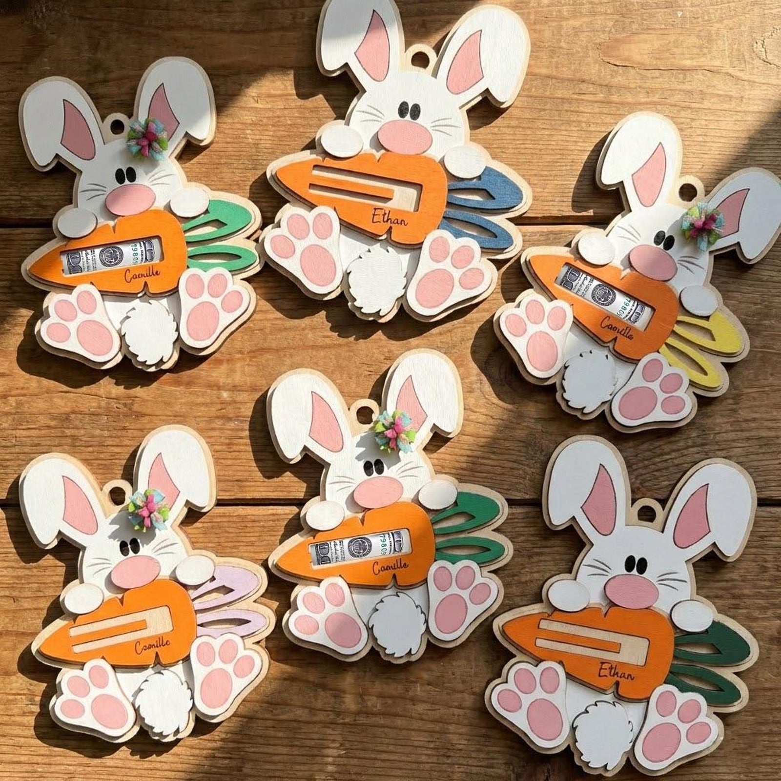 Personalized Easter Bunny Money Holder Custom Name Wooden Easter Basket Stuffer Bunny Cash Holder for Kids Easter Gift from Grandma