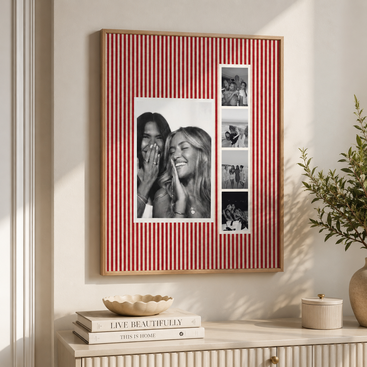 Custom Photo Collage Bestie Gift, Personalized Multi Photo Print, Red Striped Wall Art, Best Friend Gift