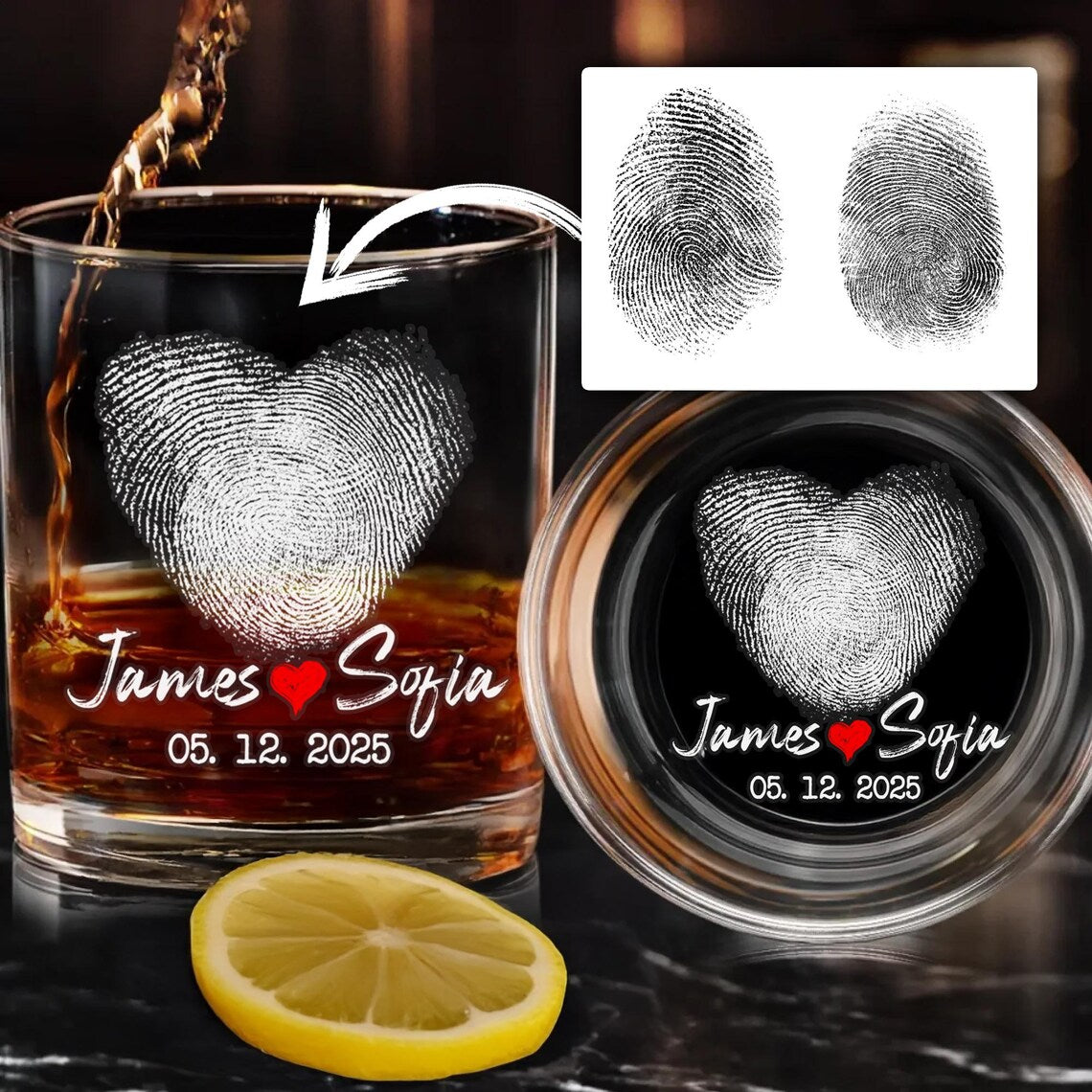 Personalized Fingerprint Heart Whiskey Glass, Custom Couple Gift