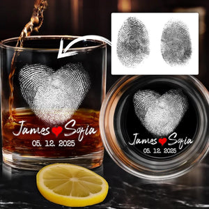Personalized Fingerprint Heart Whiskey Glass, Custom Couple Gift