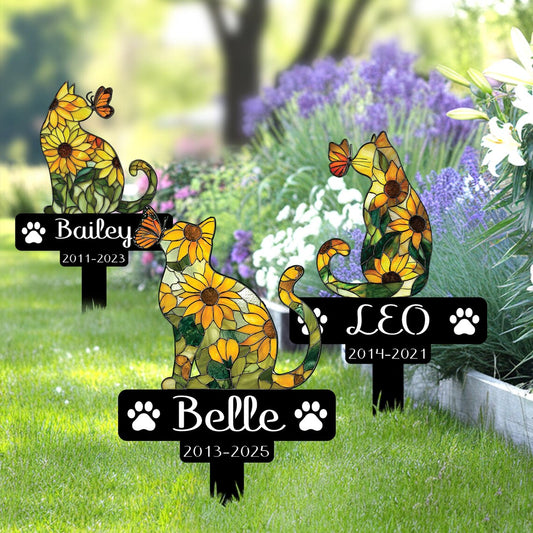 Custom Cat Sunflower Memorial Stake, Personalized Cat Grave Marker, Flat Cat Garden Stake, Pet Remembrance Sign, Cat Loss Sympathy Gift