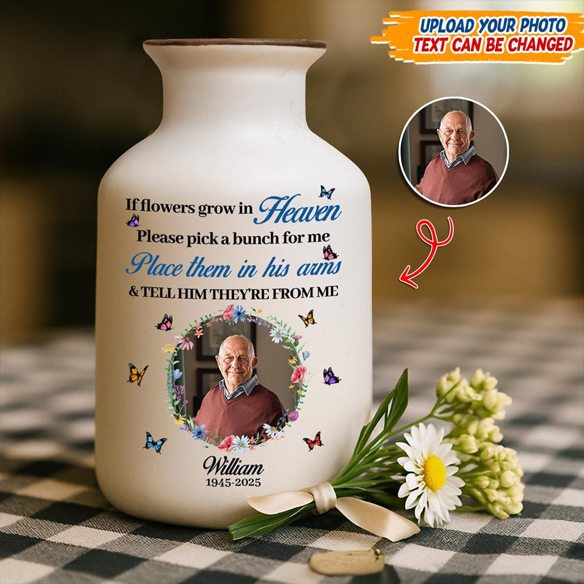 If Flowers Grow In Heaven, Personalized Memorial Vase with Photo, Custom Remembrance Flower Vase, Sympathy Gift, In Memory of Loved One Keepsake