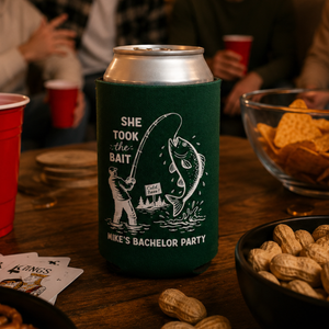 She Took The Bait Bachelor Can Coolers - Custom Fishing Bachelor Party Favors - Personalized Cozies in Regular and Slim Size