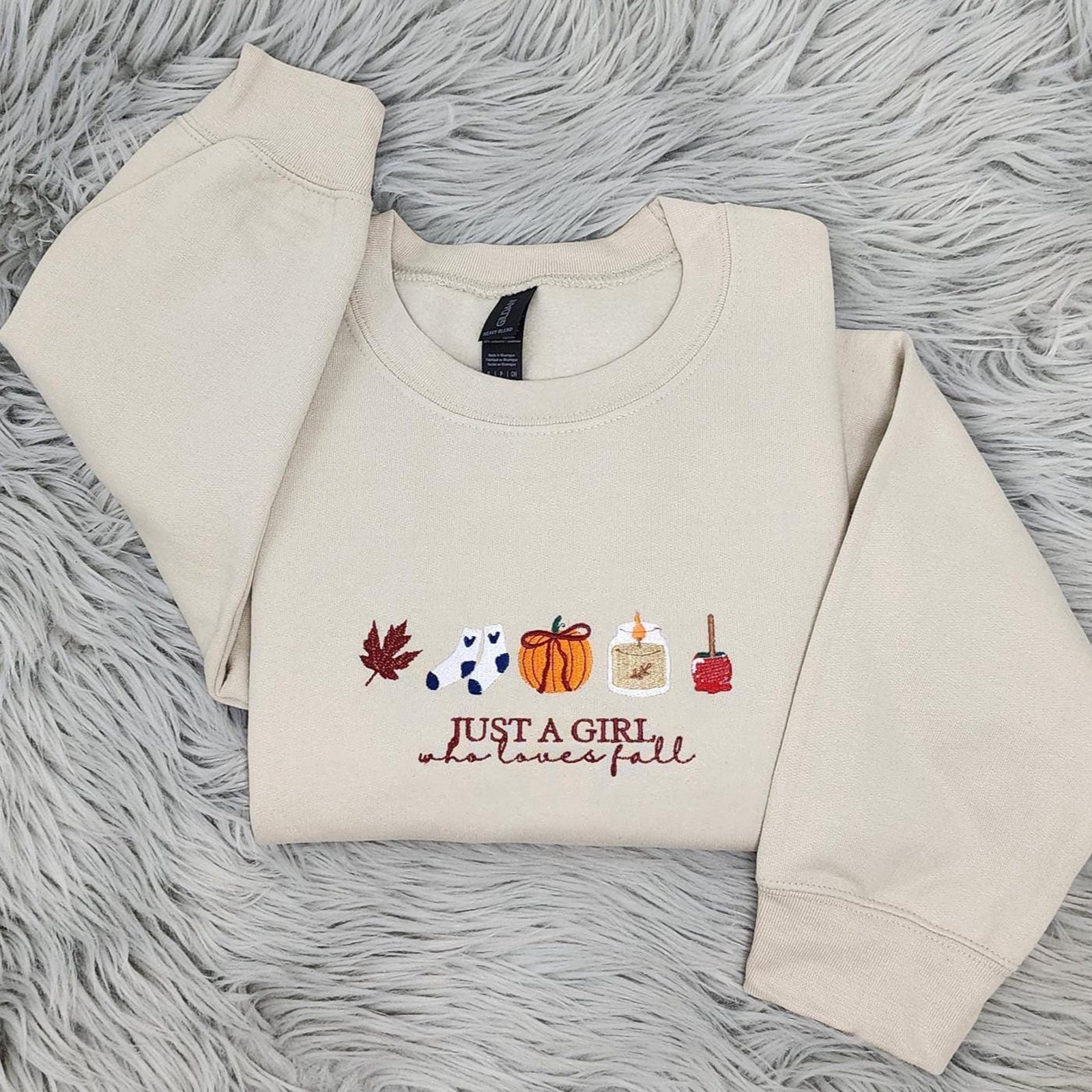Just a Girl who loves Fall Embroidered Crewneck, Cozy Fall Vibes, Pumpkin Spice, Cute Autumn Sweatshirt, Fall Icons, Autumn-Themed Apparel