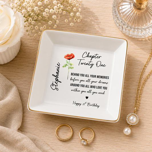 Personalized Birth Flower Jewelry Tray for 21st Birthday, Custom Name Ring Dish Gift for Her, 21st Birthday Gift Women